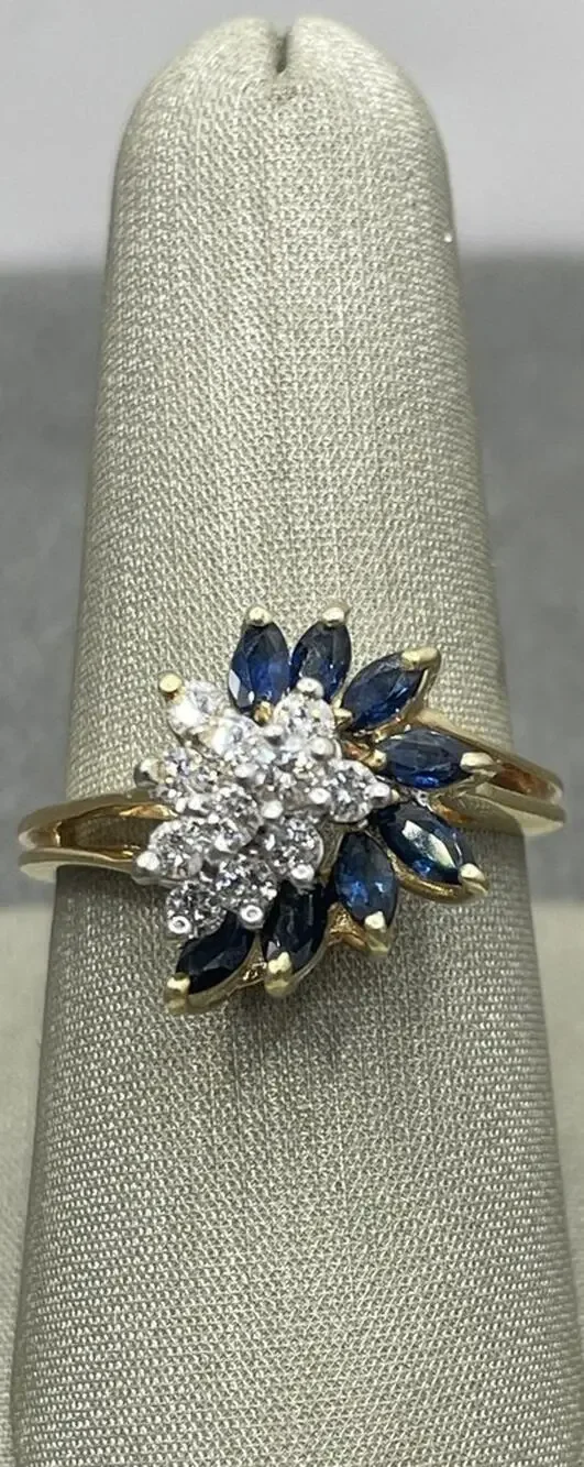 14K Yellow Gold Diamond & Blue Stone Cluster Wave Ring (21886)